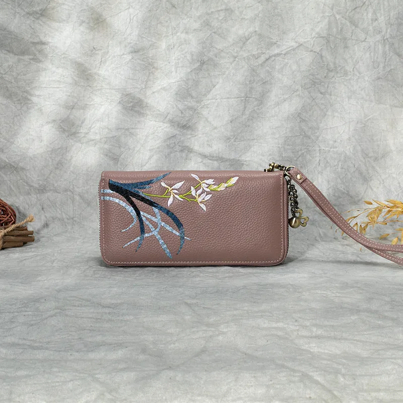 Handmade Embroidery Blue Leather Orchids Wristlet Wallet Womens Zip Around Wallets Flowers Orchids Ladies Zipper Clutch Wallet for Women