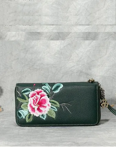 Handmade Embroidery Blue Leather Peony Wristlet Wallet Womens Zip Around Wallets Flowers Peony Ladies Zipper Clutch Wallet for Women