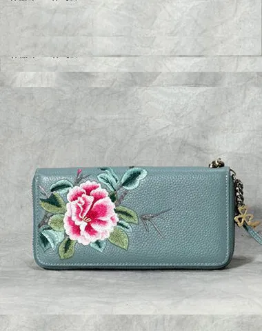 Handmade Embroidery Gray Leather Peony Wristlet Wallet Womens Zip Around Wallets Flowers Peony Ladies Zipper Clutch Wallet for Women