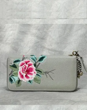 Handmade Embroidery Gray Leather Peony Wristlet Wallet Womens Zip Around Wallets Flowers Peony Ladies Zipper Clutch Wallet for Women
