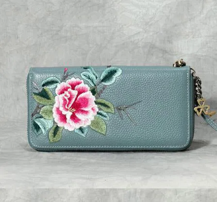 Handmade Embroidery Gray Leather Peony Wristlet Wallet Womens Zip Around Wallets Flowers Peony Ladies Zipper Clutch Wallet for Women