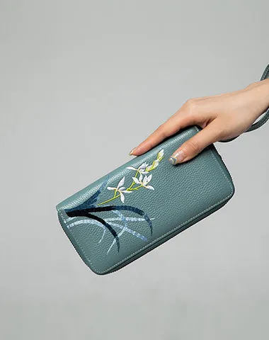 Handmade Embroidery Pink Leather Orchids Wristlet Wallet Womens Zip Around Wallets Flowers Orchids Ladies Zipper Clutch Wallet for Women