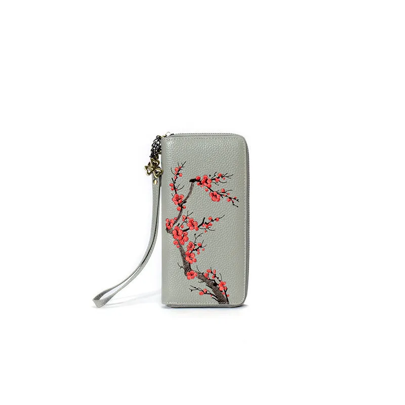 Handmade Embroidery Pink Leather Wristlet Wallet Womens Zip Around Wallets Flowers Plum Blossom Ladies Zipper Clutch Wallet for Women