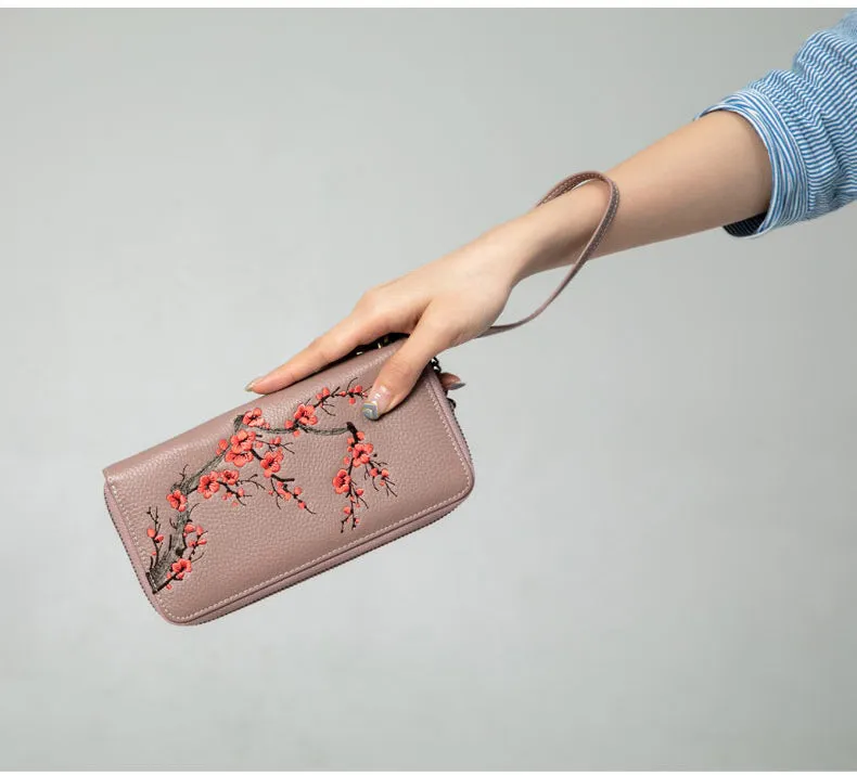 Handmade Embroidery Pink Leather Wristlet Wallet Womens Zip Around Wallets Flowers Plum Blossom Ladies Zipper Clutch Wallet for Women