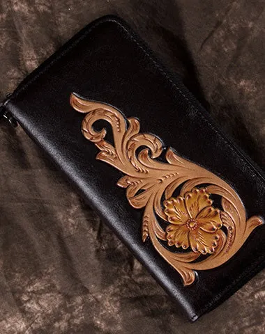 Handmade Floral Coffee Leather Wristlet Wallet Womens Zip Around Wallets Flowers Ladies Zipper Clutch Wallet for Women