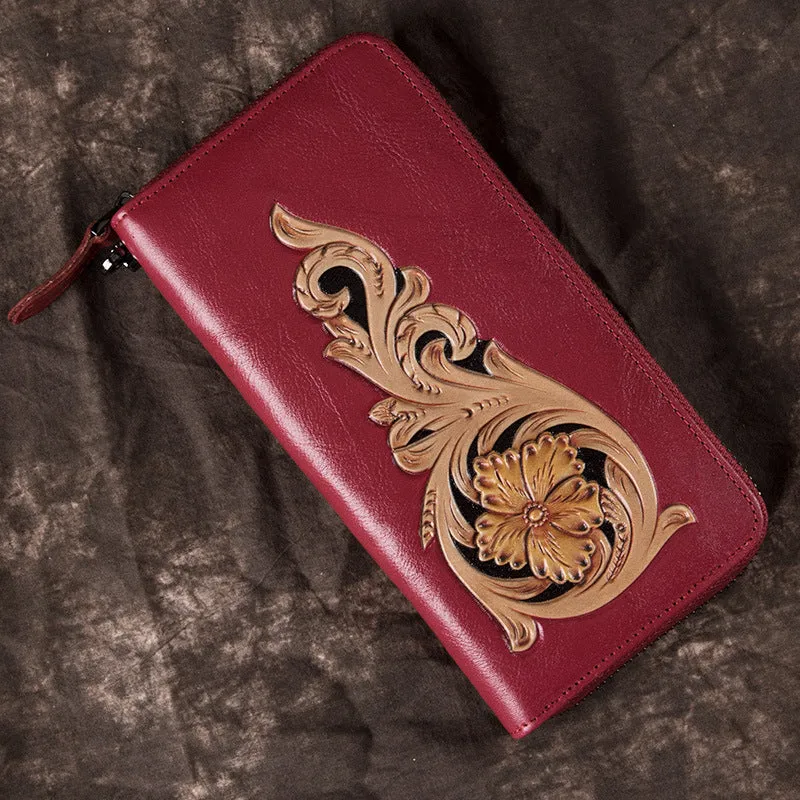 Handmade Floral Coffee Leather Wristlet Wallet Womens Zip Around Wallets Flowers Ladies Zipper Clutch Wallet for Women