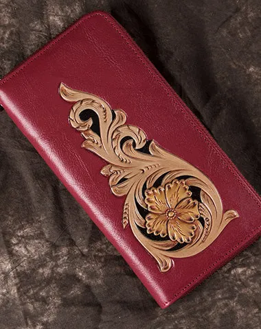 Handmade Floral Navy Leather Wristlet Wallet Womens Zip Around Wallets Flowers Ladies Zipper Clutch Wallet for Women