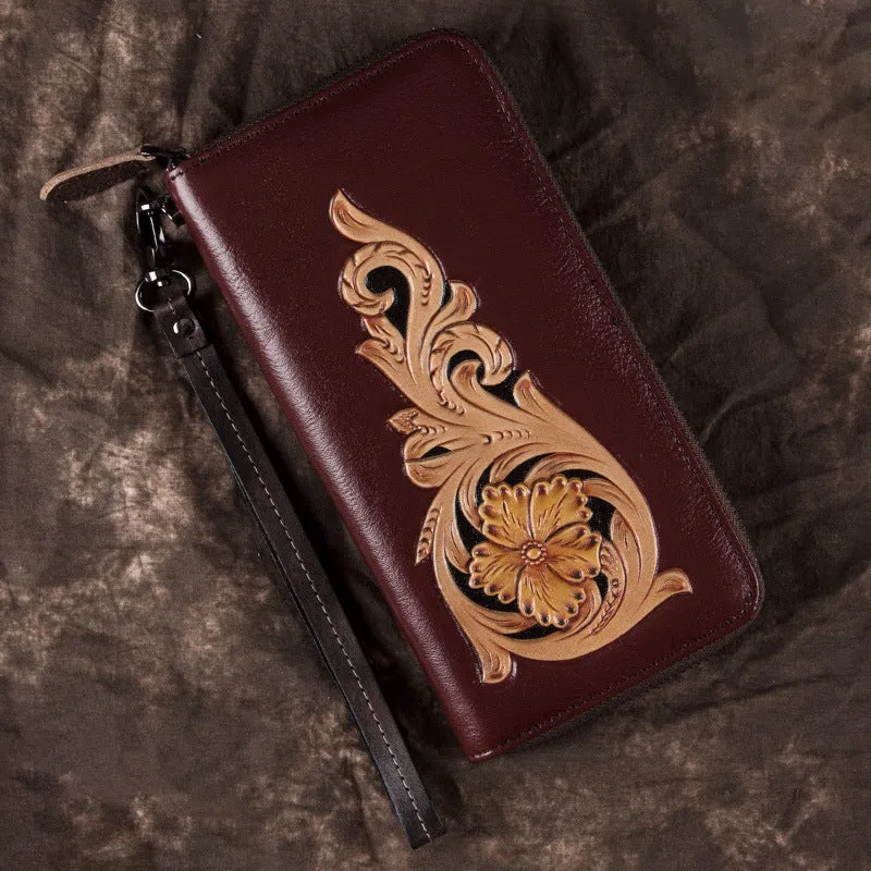 Handmade Floral Navy Leather Wristlet Wallet Womens Zip Around Wallets Flowers Ladies Zipper Clutch Wallet for Women