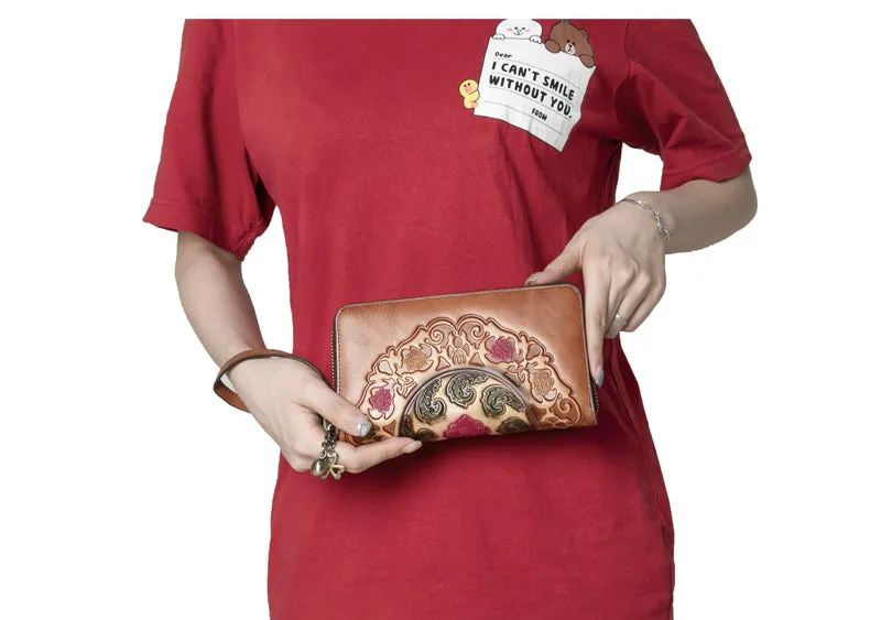 Handmade Floral Red Leather Wristlet Wallet Womens Zip Around Wallets Floral Cards Ladies Zipper Clutch Wallet for Women