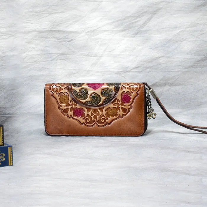 Handmade Floral Red Leather Wristlet Wallet Womens Zip Around Wallets Floral Cards Ladies Zipper Clutch Wallet for Women