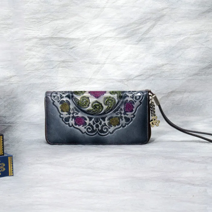 Handmade Floral Red Leather Wristlet Wallet Womens Zip Around Wallets Floral Cards Ladies Zipper Clutch Wallet for Women