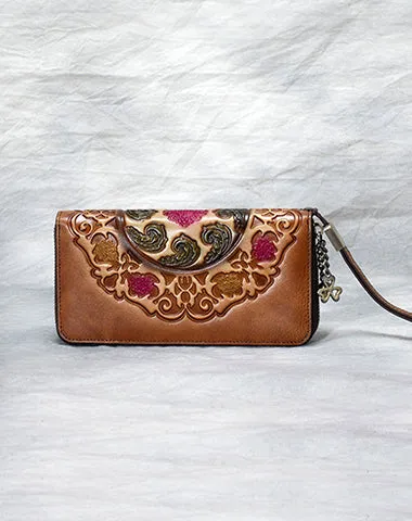 Handmade Floral Red Leather Wristlet Wallet Womens Zip Around Wallets Floral Cards Ladies Zipper Clutch Wallet for Women