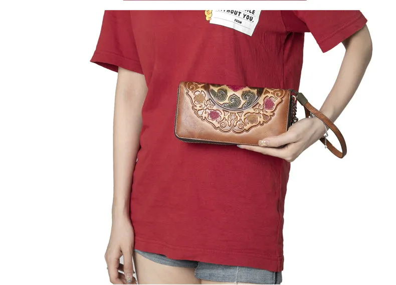 Handmade Floral Red Leather Wristlet Wallet Womens Zip Around Wallets Floral Cards Ladies Zipper Clutch Wallet for Women
