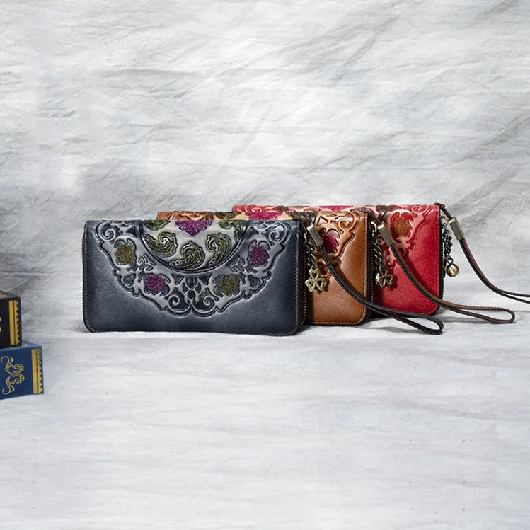 Handmade Floral Red Leather Wristlet Wallet Womens Zip Around Wallets Floral Cards Ladies Zipper Clutch Wallet for Women