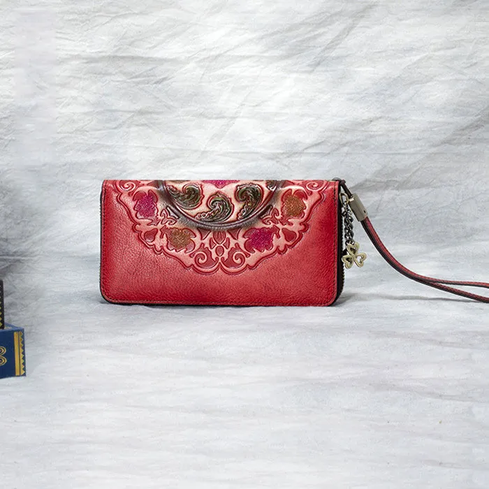 Handmade Floral Red Leather Wristlet Wallet Womens Zip Around Wallets Floral Cards Ladies Zipper Clutch Wallet for Women