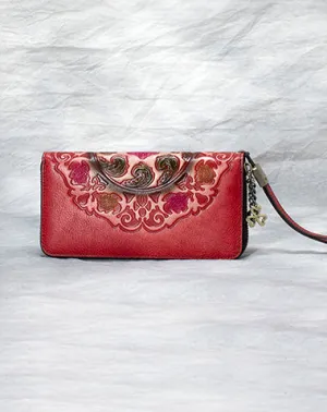 Handmade Floral Red Leather Wristlet Wallet Womens Zip Around Wallets Floral Cards Ladies Zipper Clutch Wallet for Women