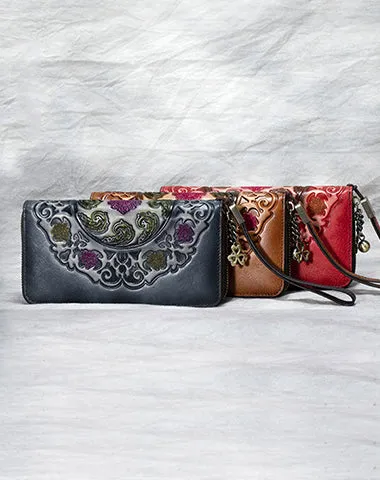 Handmade Floral Red Leather Wristlet Wallet Womens Zip Around Wallets Floral Cards Ladies Zipper Clutch Wallet for Women