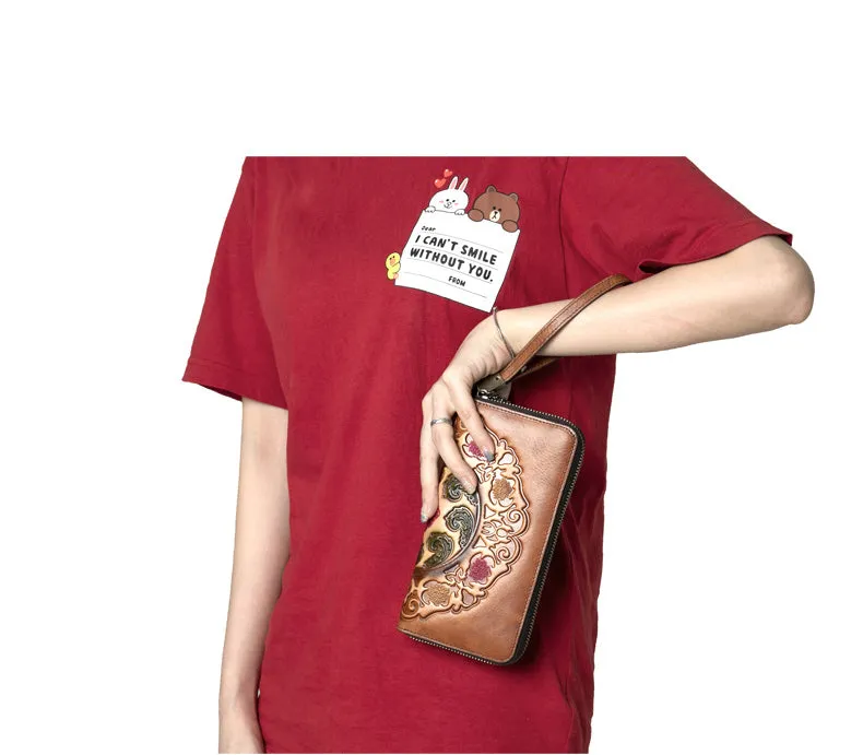 Handmade Floral Red Leather Wristlet Wallet Womens Zip Around Wallets Floral Cards Ladies Zipper Clutch Wallet for Women