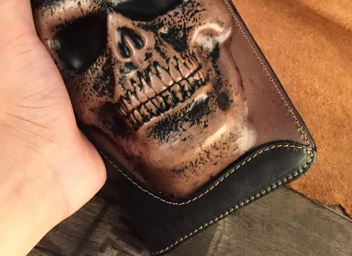 Handmade Genuine Leather Mens Clutch Cool Long Wallet Skull Zipper Clutch Wristlet Wallet for Men