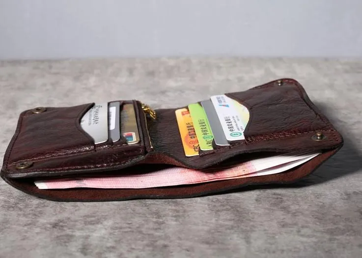 Handmade Genuine Leather Mens Cool Slim Leather billfold Wallet Men Small Wallets Bifold for Men