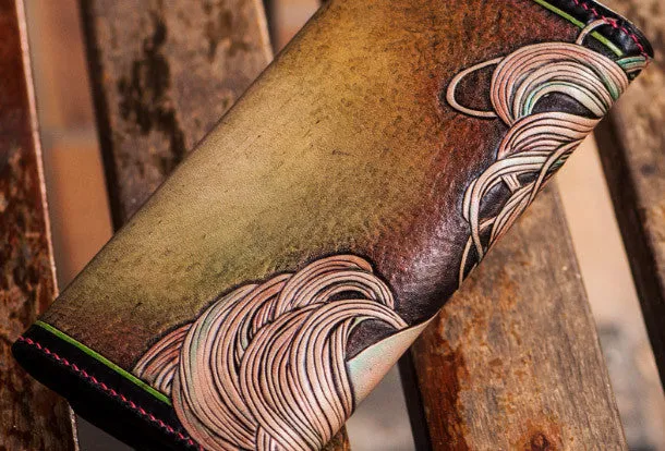 Handmade leather Beauty biker wallet clutch long wallet brown leather men Tooled