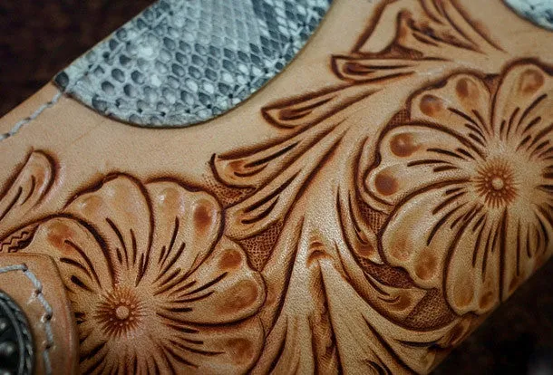 Handmade leather beige biker wallet floral carved chian bifold Long wallet purse for men