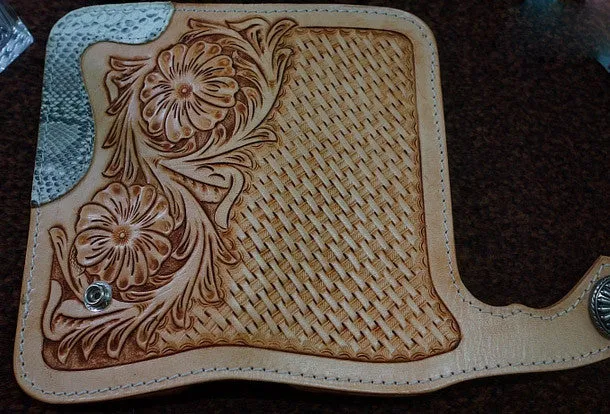 Handmade leather beige biker wallet floral carved chian bifold Long wallet purse for men
