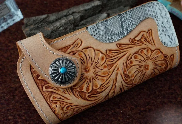 Handmade leather beige biker wallet floral carved chian bifold Long wallet purse for men