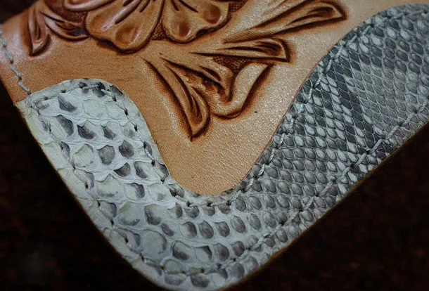 Handmade leather beige biker wallet floral carved chian bifold Long wallet purse for men
