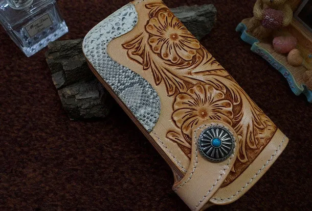 Handmade leather beige biker wallet floral carved chian bifold Long wallet purse for men