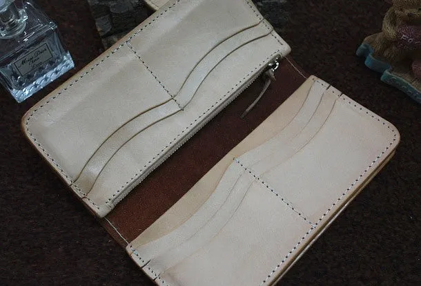 Handmade leather beige biker wallet floral carved chian bifold Long wallet purse for men