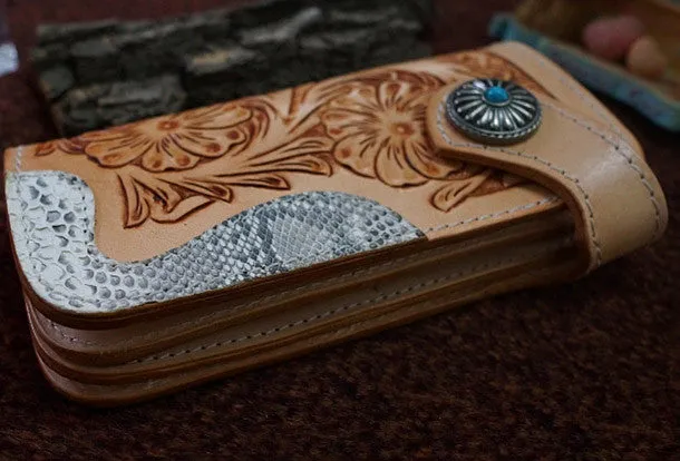 Handmade leather beige biker wallet floral carved chian bifold Long wallet purse for men