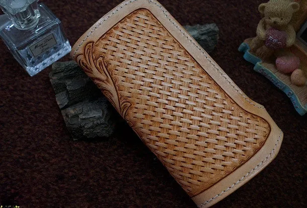 Handmade leather beige biker wallet floral carved chian bifold Long wallet purse for men