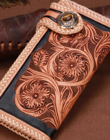 Handmade leather biker trucker beige black floral wallet leather chain men Black Tooled wallet