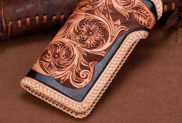 Handmade leather biker trucker beige black floral wallet leather chain men Black Tooled wallet
