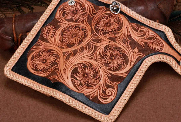 Handmade leather biker trucker beige black floral wallet leather chain men Black Tooled wallet