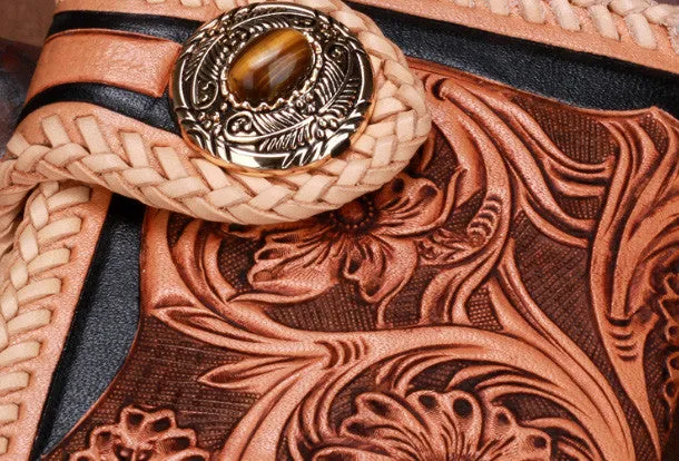 Handmade leather biker trucker beige black floral wallet leather chain men Black Tooled wallet