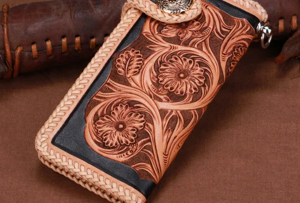 Handmade leather biker trucker beige black floral wallet leather chain men Black Tooled wallet