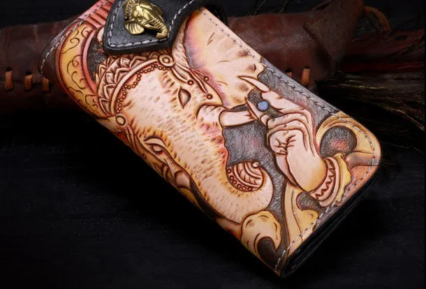 Handmade leather biker trucker Long Ganesha wallet leather chain men Brown Tooled wallet