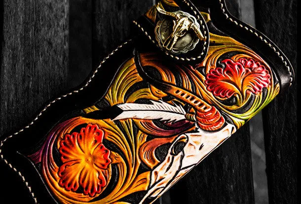 Handmade leather biker trucker wallet black skull floral leather chain men Carved Tooled wallet