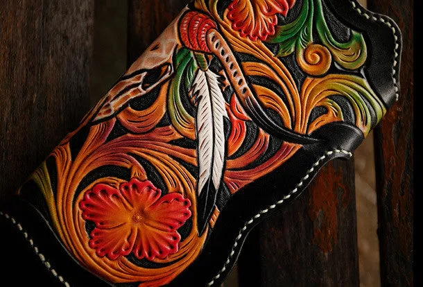 Handmade leather biker trucker wallet black skull floral leather chain men Carved Tooled wallet