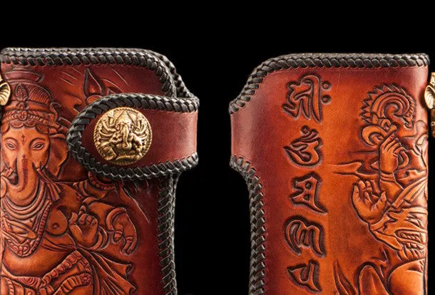 Handmade leather biker trucker wallet leather chain men Geneisha Brown Carved Tooled wallet