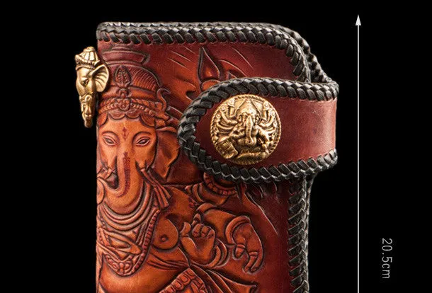 Handmade leather biker trucker wallet leather chain men Geneisha Brown Carved Tooled wallet