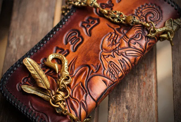 Handmade leather biker trucker wallet leather chain men Geneisha Brown Carved Tooled wallet