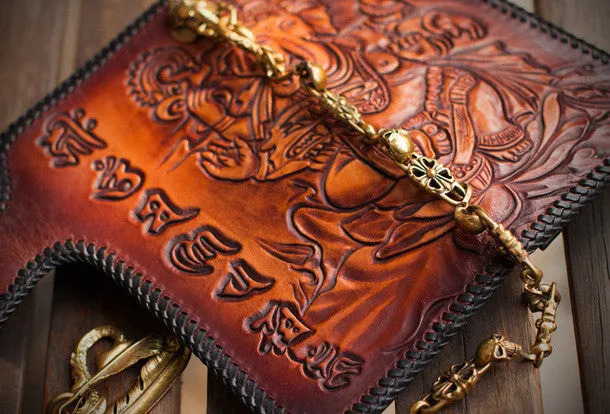 Handmade leather biker trucker wallet leather chain men Geneisha Brown Carved Tooled wallet