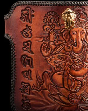 Handmade leather biker trucker wallet leather chain men Geneisha Brown Carved Tooled wallet