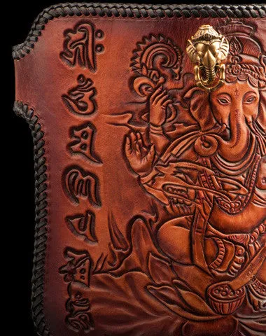 Handmade leather biker trucker wallet leather chain men Geneisha Brown Carved Tooled wallet