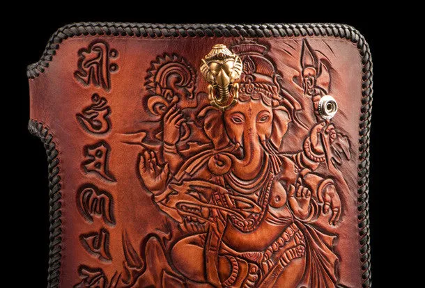 Handmade leather biker trucker wallet leather chain men Geneisha Brown Carved Tooled wallet
