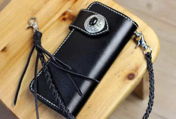 Handmade leather biker wallet black chain wallet bifold Long wallet for men