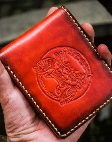 Handmade leather billfold lion wallet clutch zip long wallet brown leather men